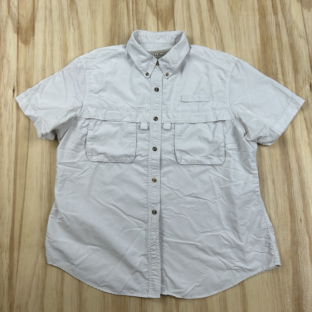 LL Bean Womens L Light Gray Nylon Blend Short Sleeve Hiking Shirt Outdoor Trail